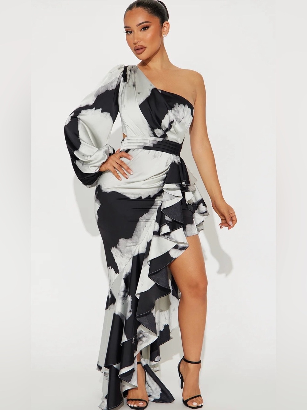 Fashion Nova Black & White One-Shoulder Ruffle Midi Dress